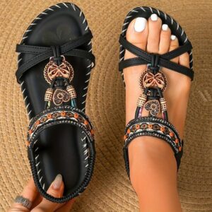 Bohemian Beaded Rhinestone Slip-On Flat Sandals